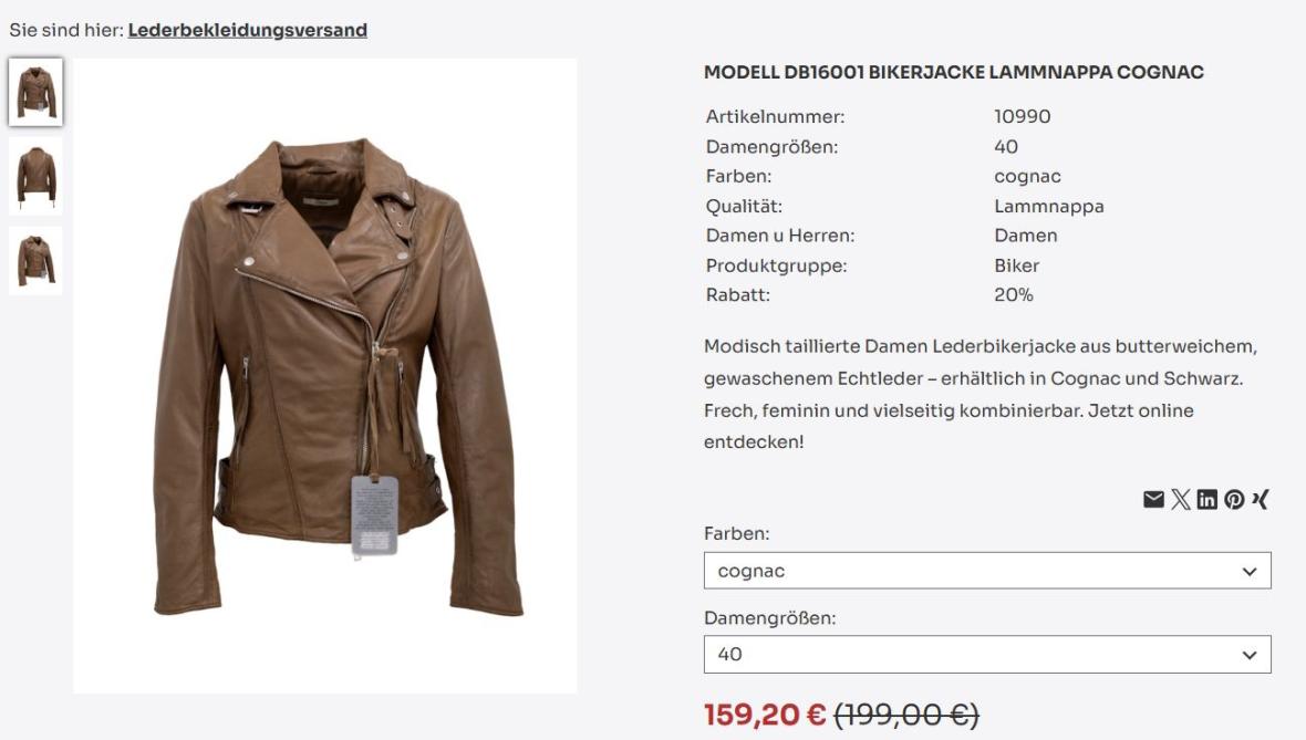 Damen Lederbikeerjacke DB16001 LAMMNAPPA COGNAC